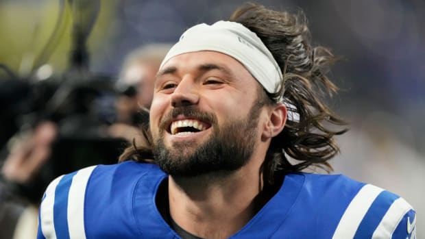 Colts quarterback Gardner Minshew celebrates a win.
